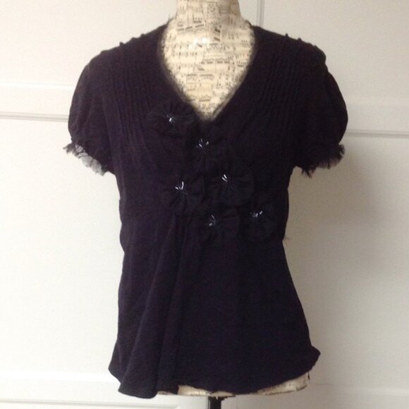 INC Black V-Neck Embellished Top with Tulle Detailing | International Concepts - Picture 1 of 2